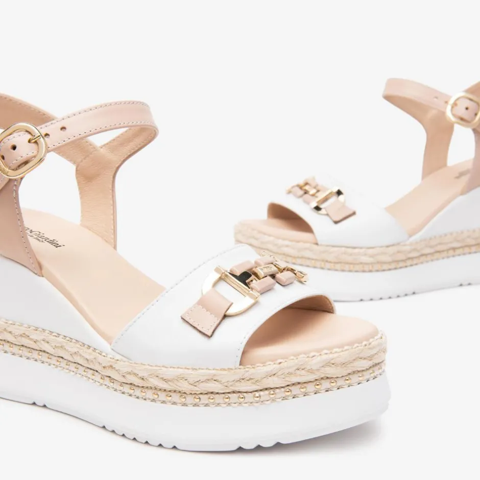 Women NeroGiardini Espadrille Trim Wedge Link - White Nude