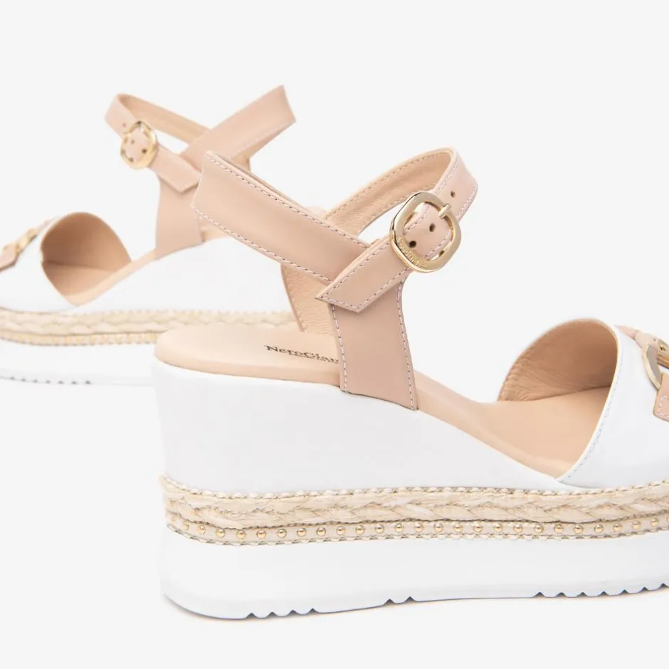 Women NeroGiardini Espadrille Trim Wedge Link - White Nude