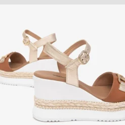 Women NeroGiardini Espadrille Trim Wedge Link - Tan Gold