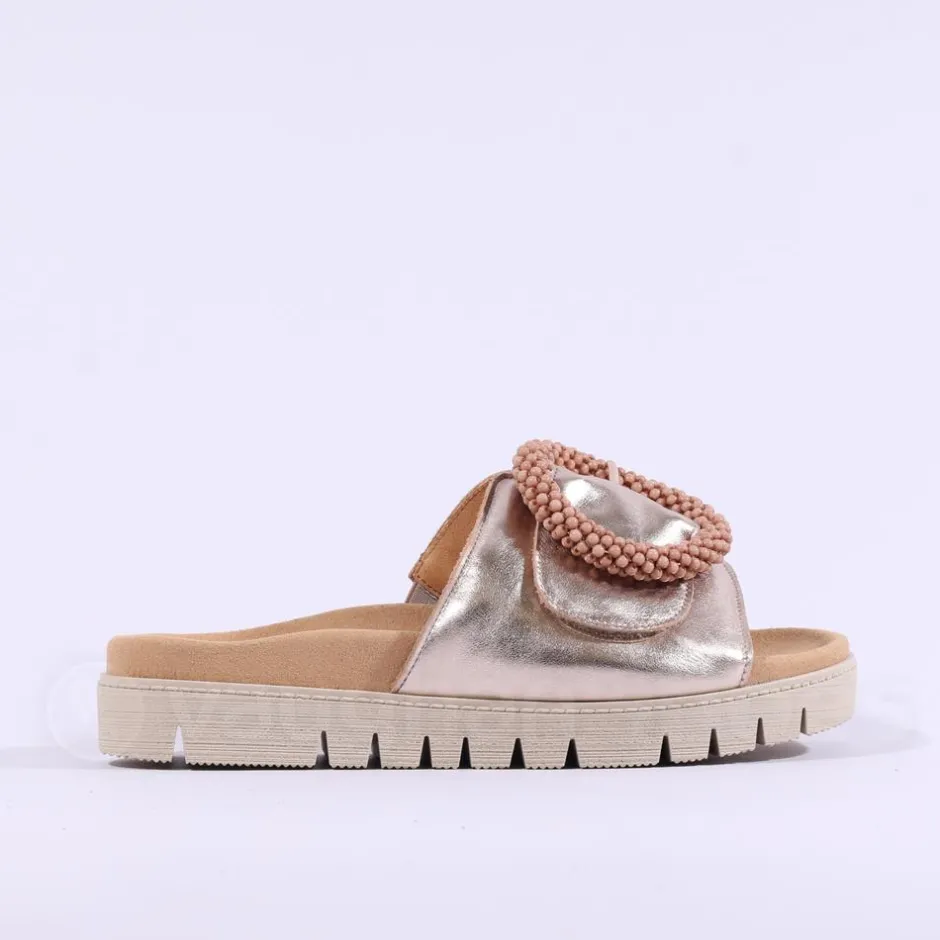 Women Gabor Everly Beaded Ring Velcro Mule - Gold Metallic