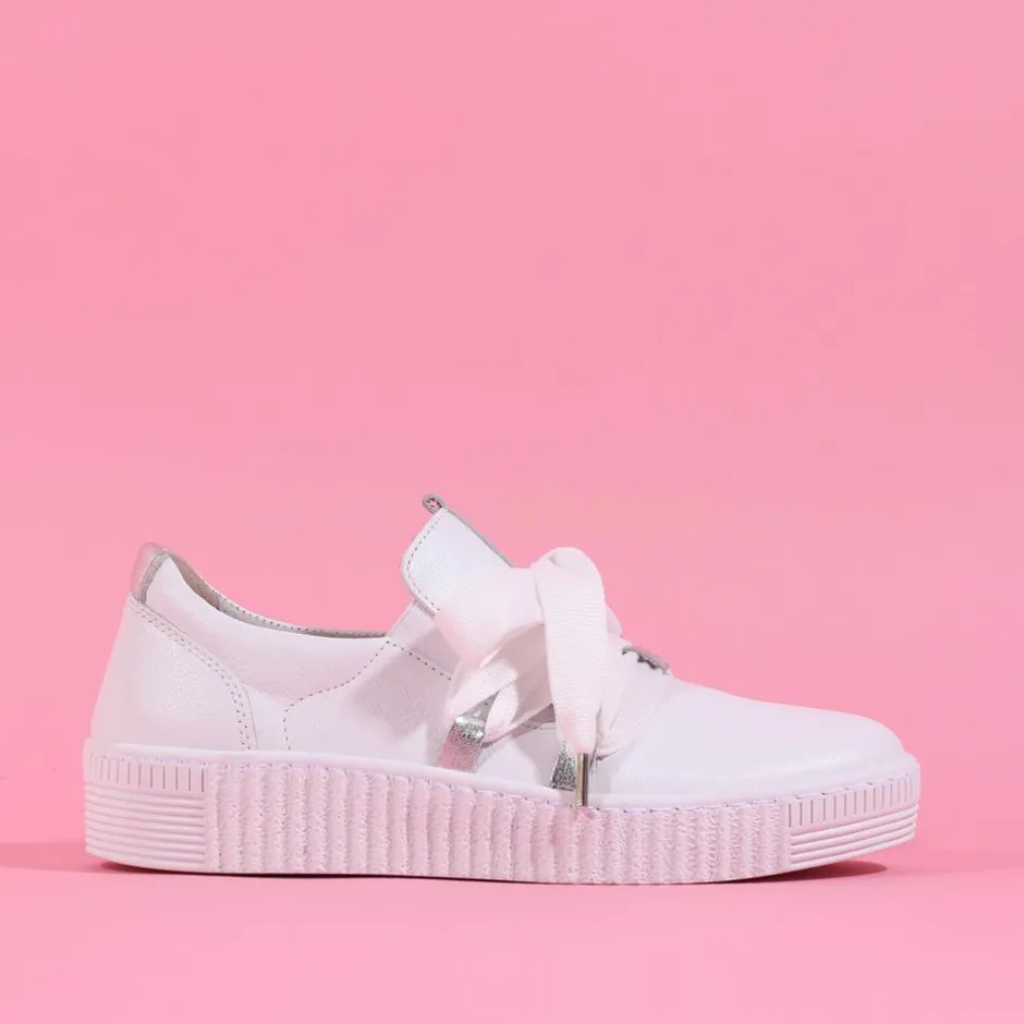 Women Gabor False Ribbon Lace Trainer Waltz - White Leather