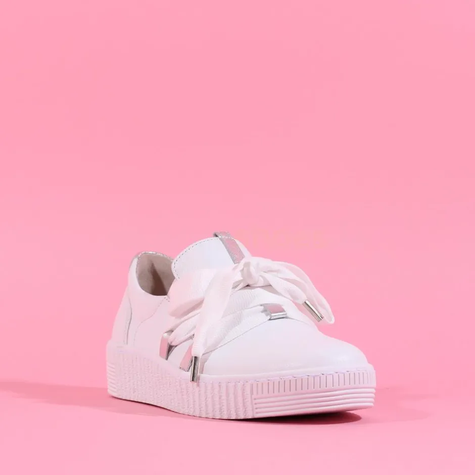 Women Gabor False Ribbon Lace Trainer Waltz - White Leather