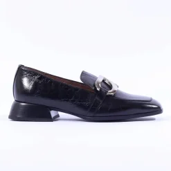 Women Wonders Flare Heel Slip On Buckle Loafer - Black Lea