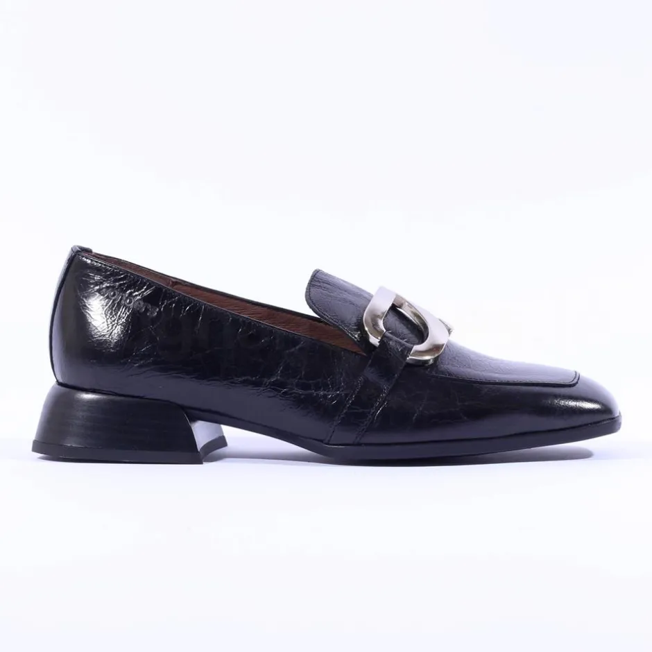 Women Wonders Flare Heel Slip On Buckle Loafer - Black Lea