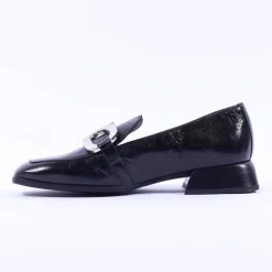 Women Wonders Flare Heel Slip On Buckle Loafer - Black Lea