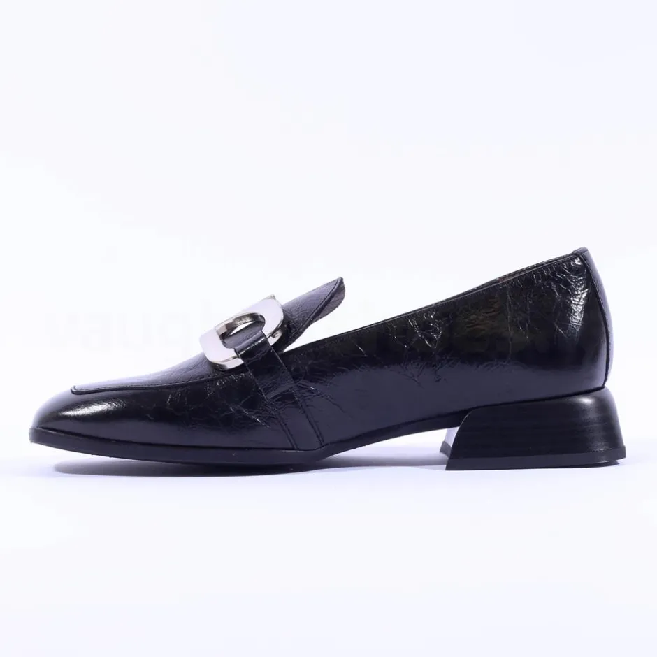 Women Wonders Flare Heel Slip On Buckle Loafer - Black Lea
