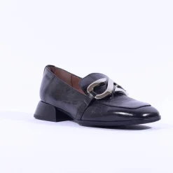 Women Wonders Flare Heel Slip On Buckle Loafer - Black Lea