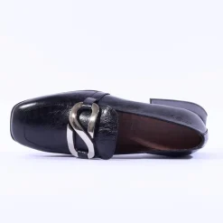 Women Wonders Flare Heel Slip On Buckle Loafer - Black Lea