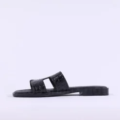 Women Oh My Sandals Flat Mule Slider - Black Croc