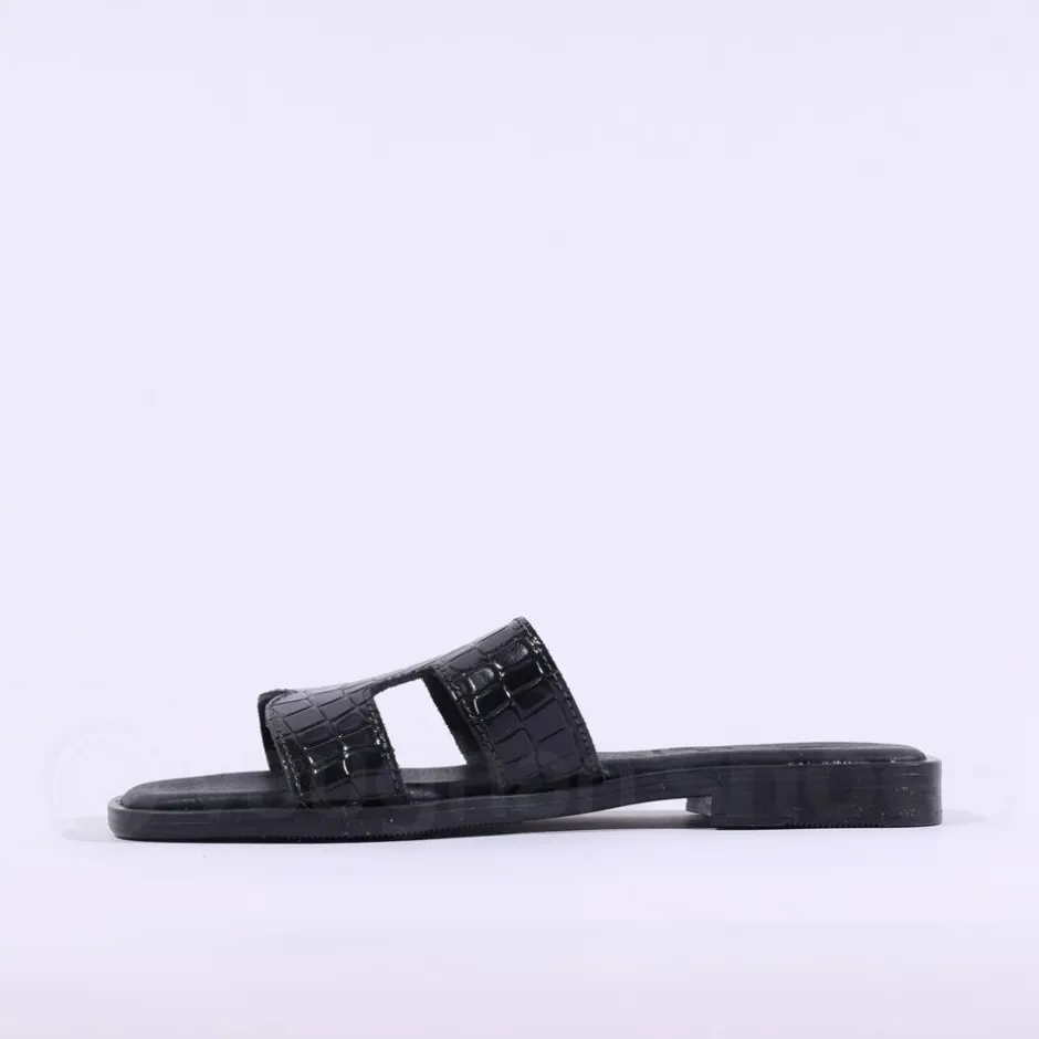 Women Oh My Sandals Flat Mule Slider - Black Croc
