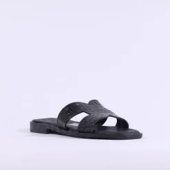 Women Oh My Sandals Flat Mule Slider - Black Croc