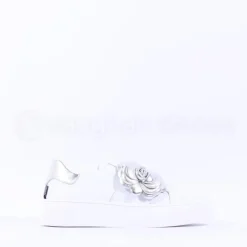 Women Marco Moreo Flower Brooch Low Trainer - White Silver Leather