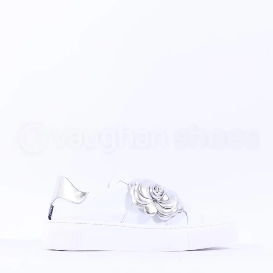 Women Marco Moreo Flower Brooch Low Trainer - White Silver Leather