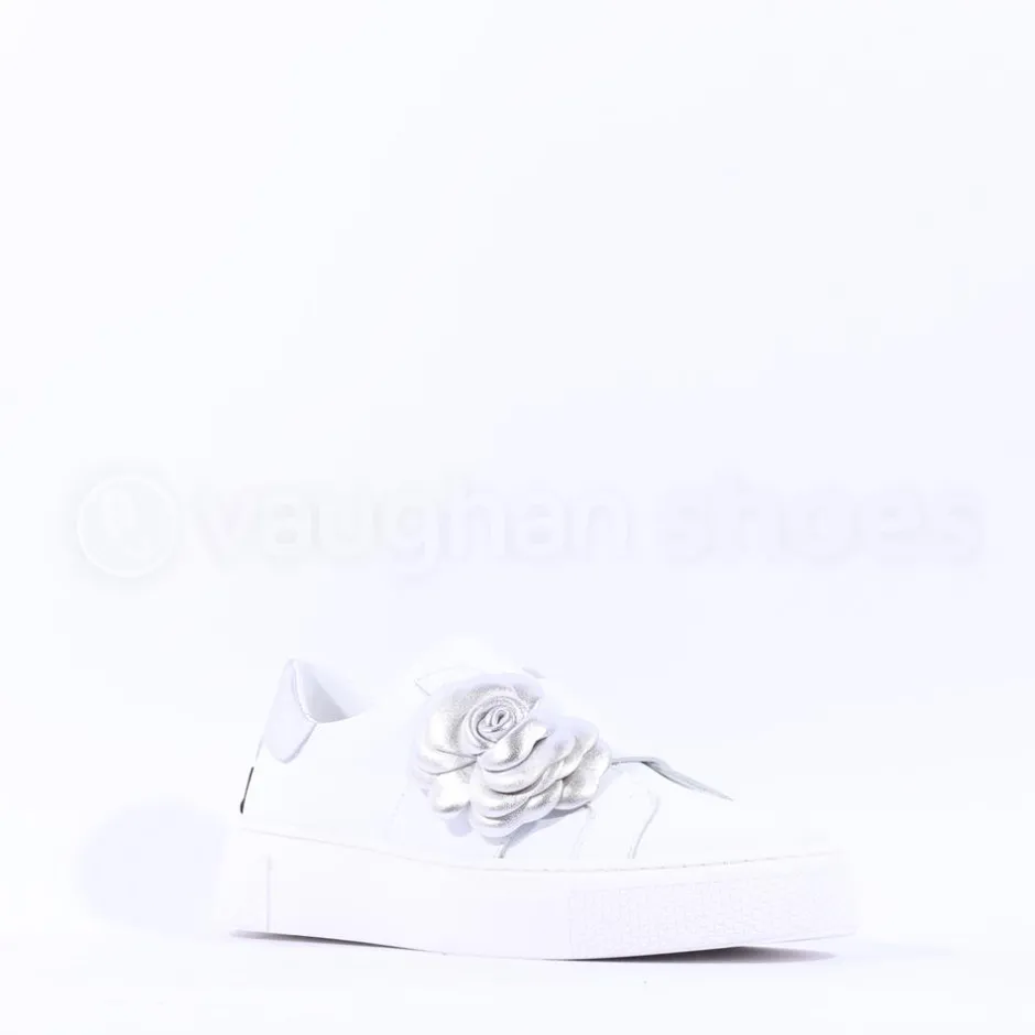 Women Marco Moreo Flower Brooch Low Trainer - White Silver Leather