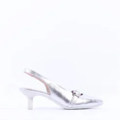 Women Wonders Gaia Kitten Heel Strap Slingback - Silver Leather