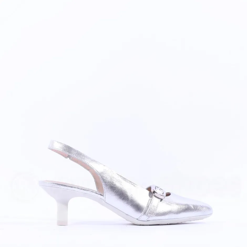 Women Wonders Gaia Kitten Heel Strap Slingback - Silver Leather