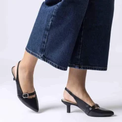 Women Wonders Gaia Kitten Heel Strap Slingback - Black Leather