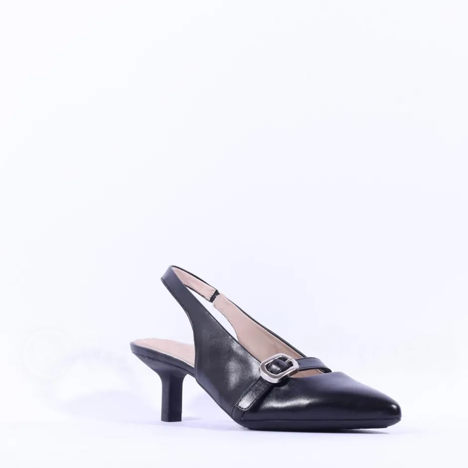 Women Wonders Gaia Kitten Heel Strap Slingback - Black Leather