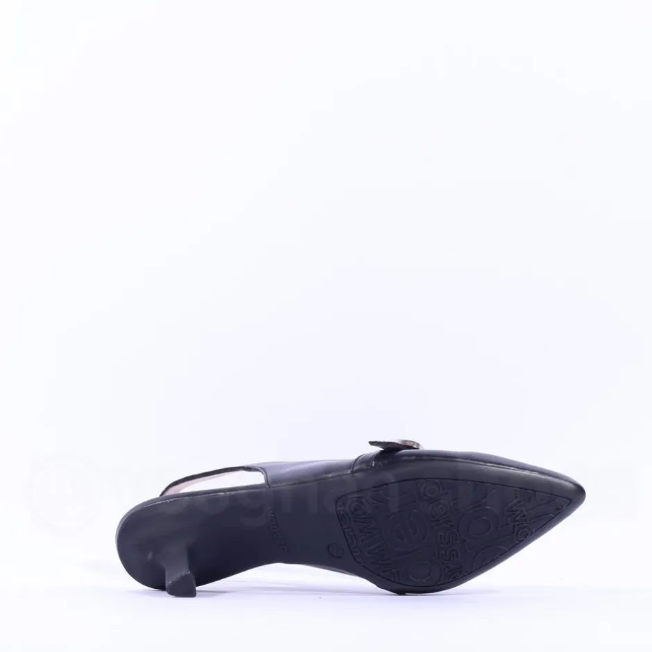 Women Wonders Gaia Kitten Heel Strap Slingback - Black Leather