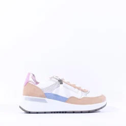 Women Ara Garda Side Zip Wedge Trainer - Tan Pink Metallic