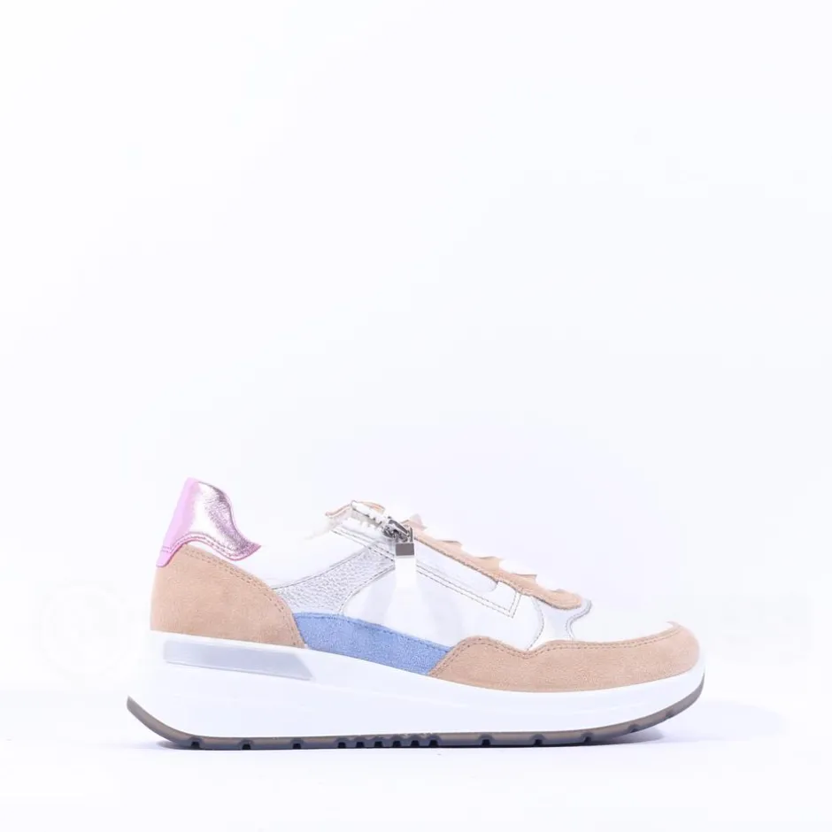Women Ara Garda Side Zip Wedge Trainer - Tan Pink Metallic