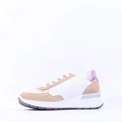Women Ara Garda Side Zip Wedge Trainer - Tan Pink Metallic