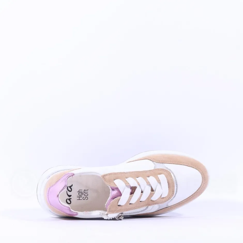 Women Ara Garda Side Zip Wedge Trainer - Tan Pink Metallic