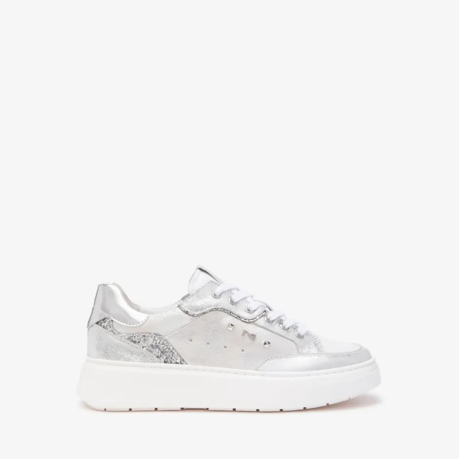 Women NeroGiardini Glitter Heel Laced Trainer - Silver Leather