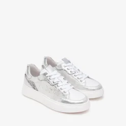 Women NeroGiardini Glitter Heel Laced Trainer - Silver Leather