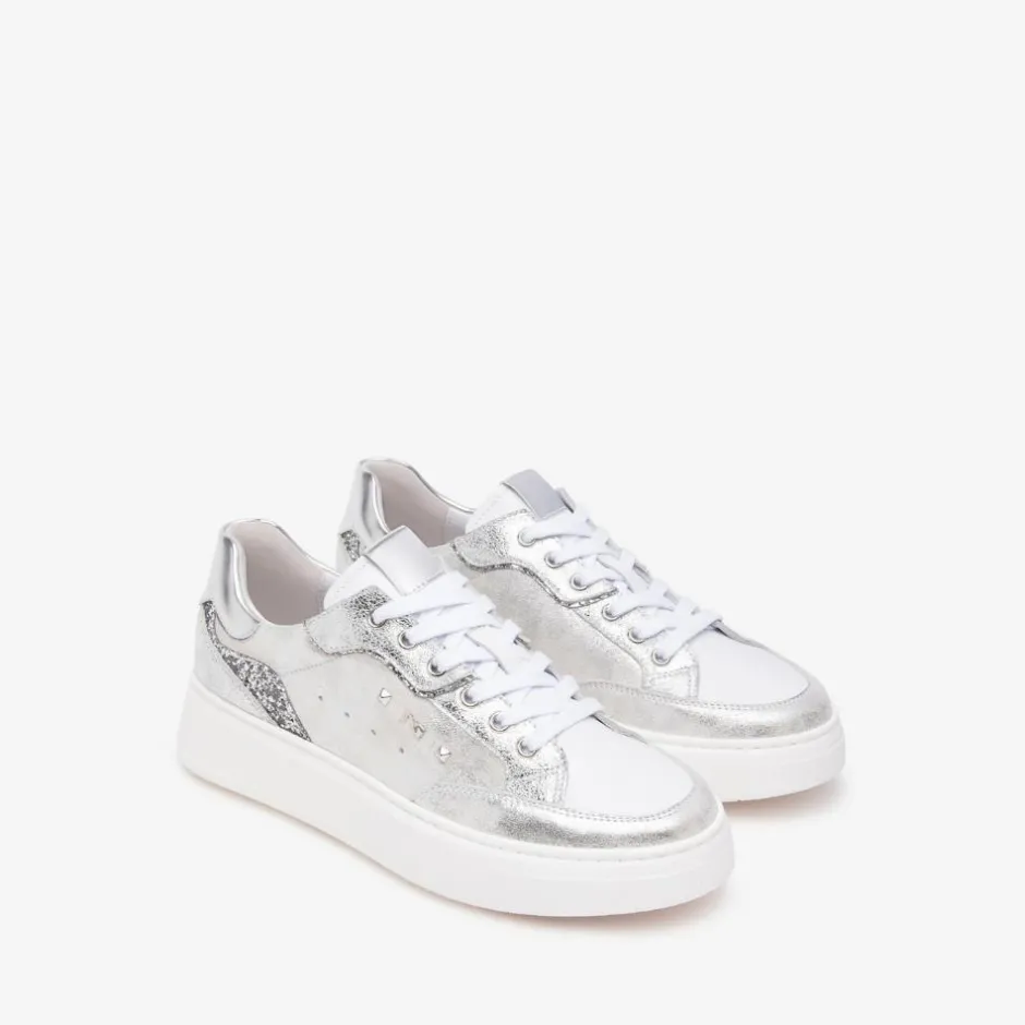 Women NeroGiardini Glitter Heel Laced Trainer - Silver Leather
