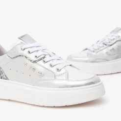 Women NeroGiardini Glitter Heel Laced Trainer - Silver Leather