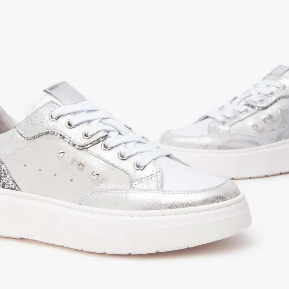 Women NeroGiardini Glitter Heel Laced Trainer - Silver Leather