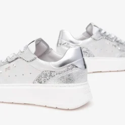 Women NeroGiardini Glitter Heel Laced Trainer - Silver Leather