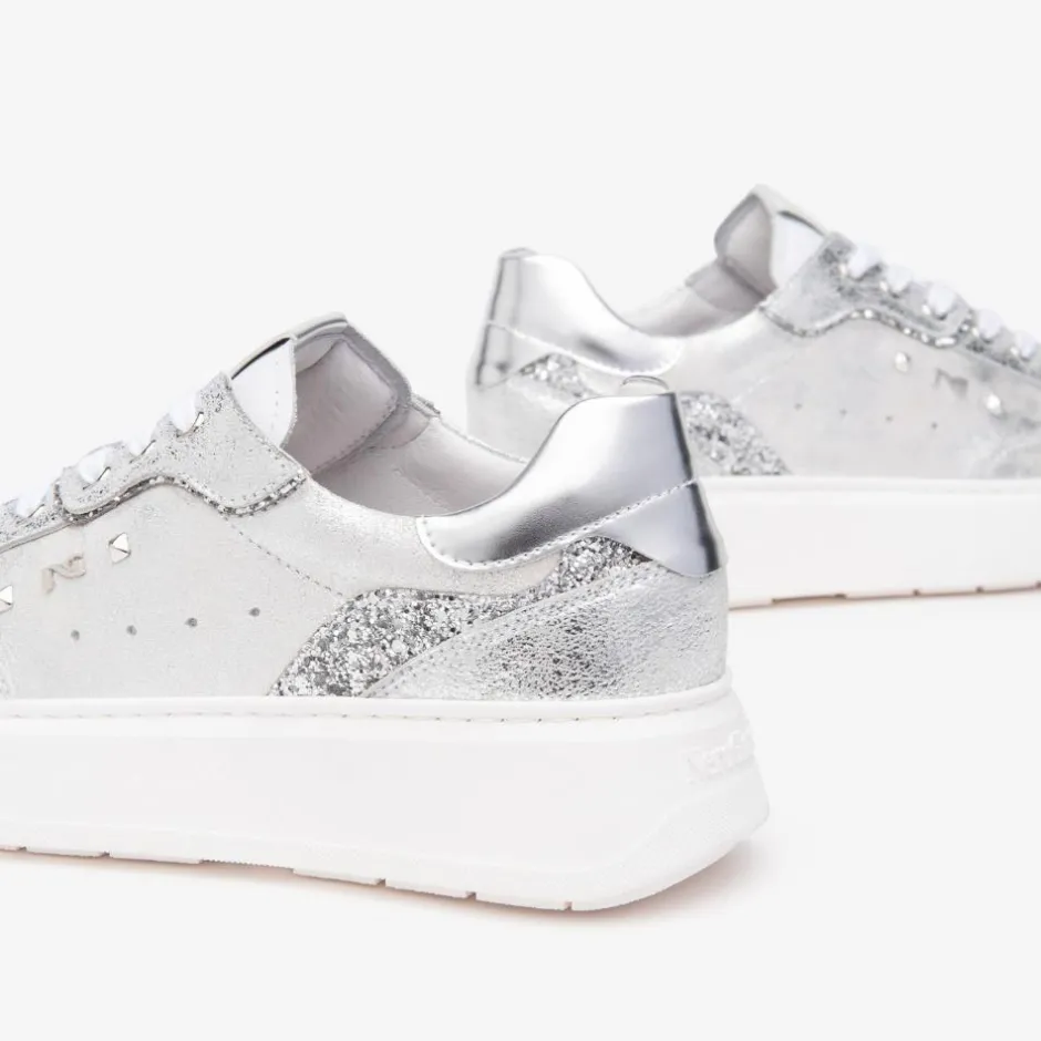 Women NeroGiardini Glitter Heel Laced Trainer - Silver Leather