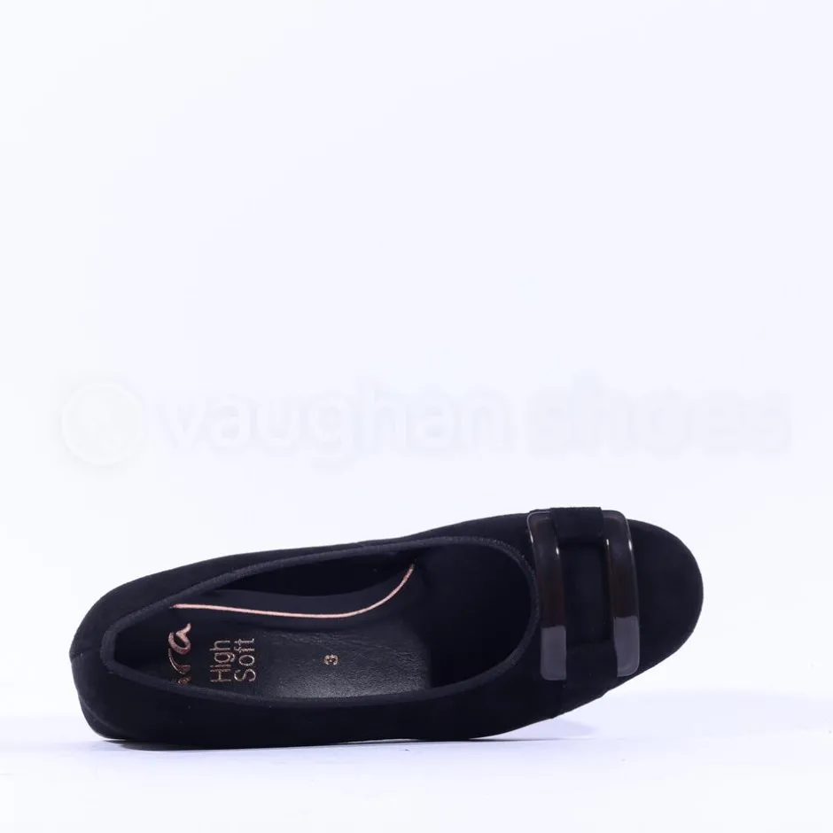 Women Ara Graz Low Heel Buckle Court Shoe - Black Suede