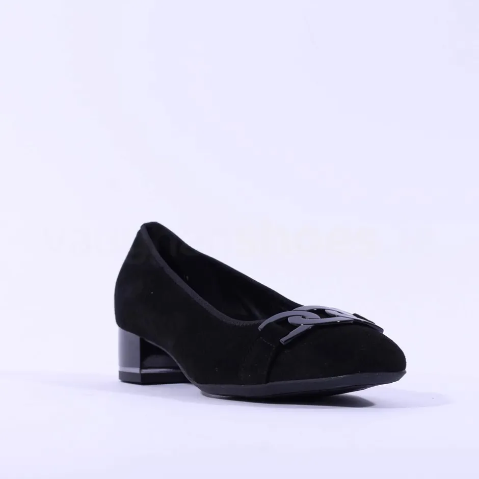 Women Ara Graz Low Heel Link Buckle Court Shoe - Black Suede