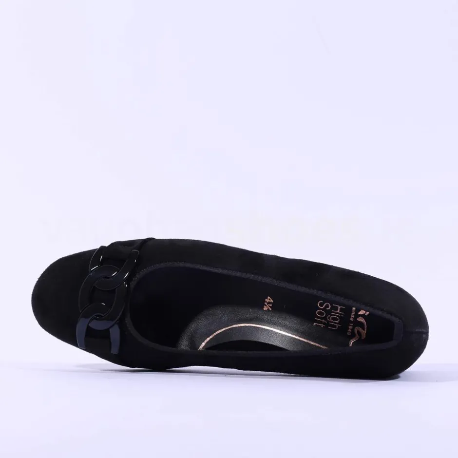 Women Ara Graz Low Heel Link Buckle Court Shoe - Black Suede