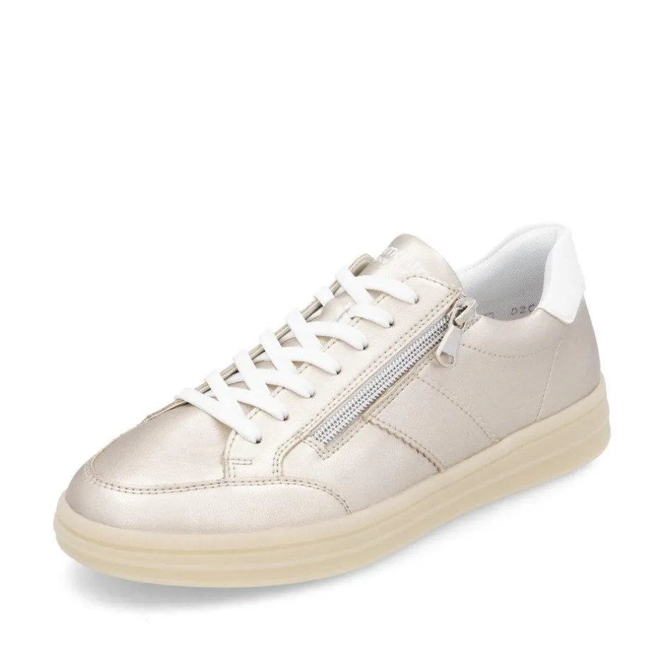 Women Remonte Gum Sole Trainer With Side Zip - Gold Leather