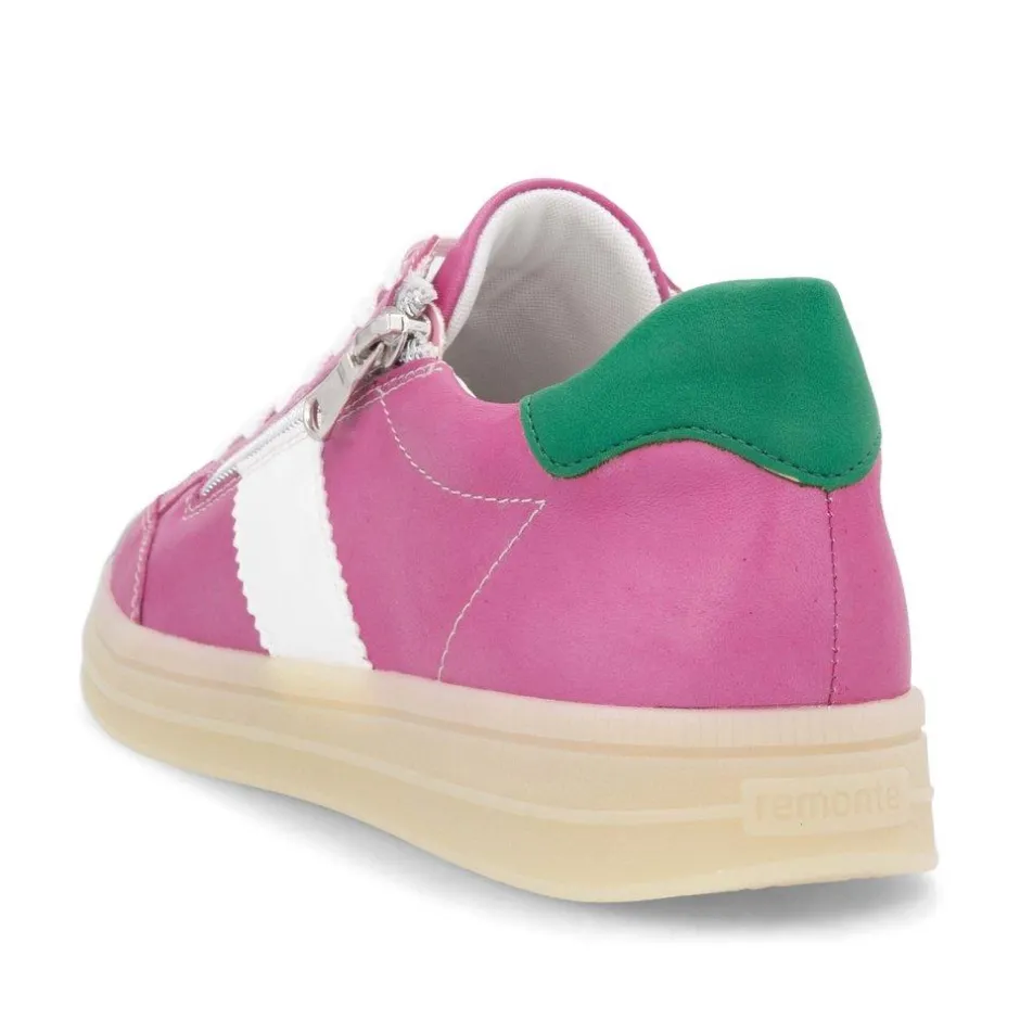 Women Remonte Gum Sole Trainer With Side Zip - Pink Combi Leather