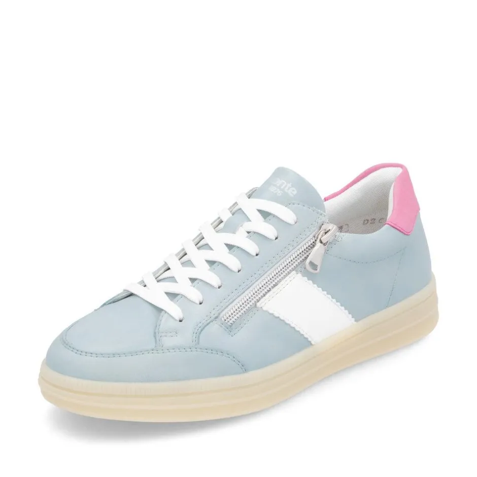 Women Remonte Gum Sole Trainer With Side Zip - Blue Combi Leather
