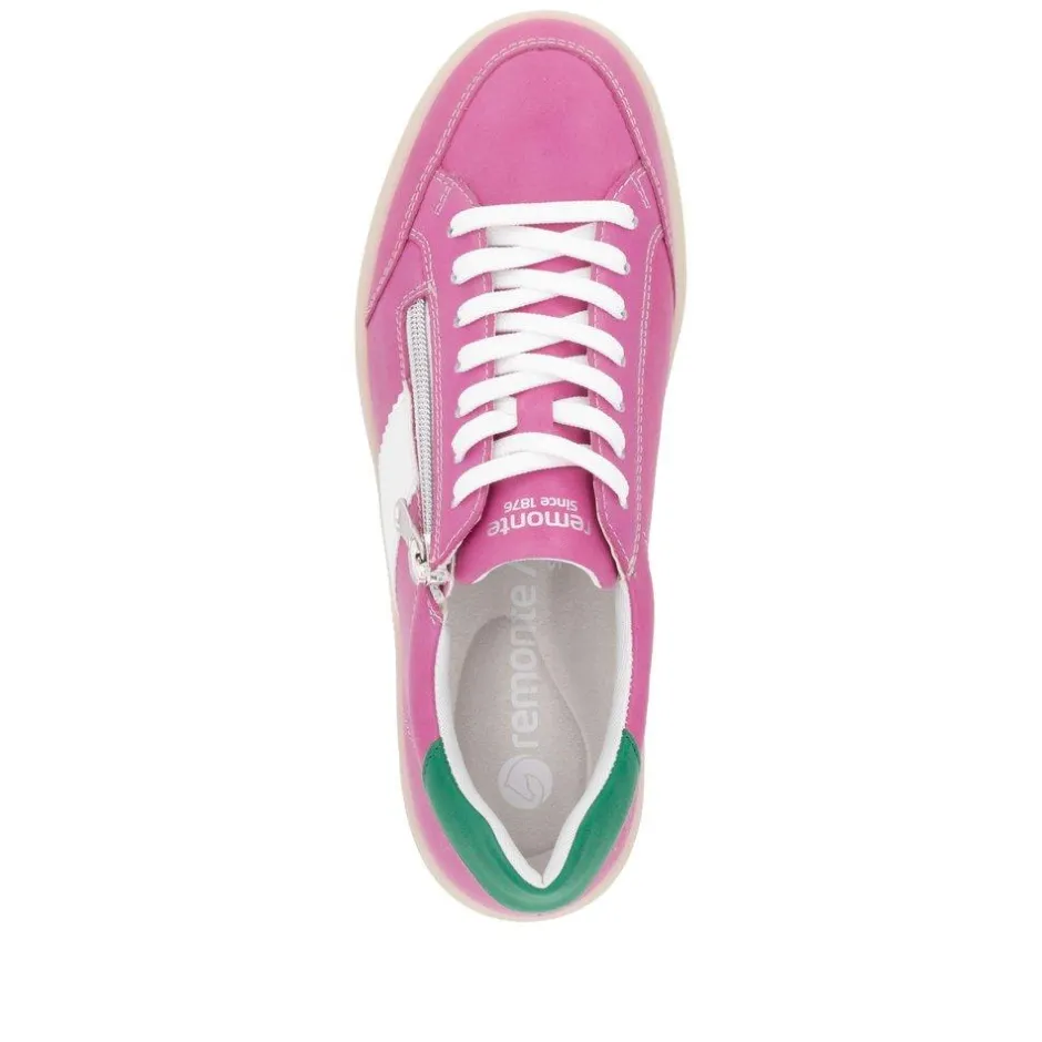 Women Remonte Gum Sole Trainer With Side Zip - Pink Combi Leather
