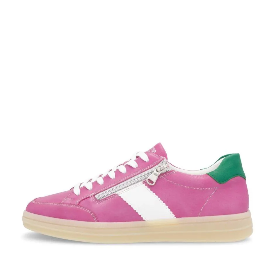 Women Remonte Gum Sole Trainer With Side Zip - Pink Combi Leather