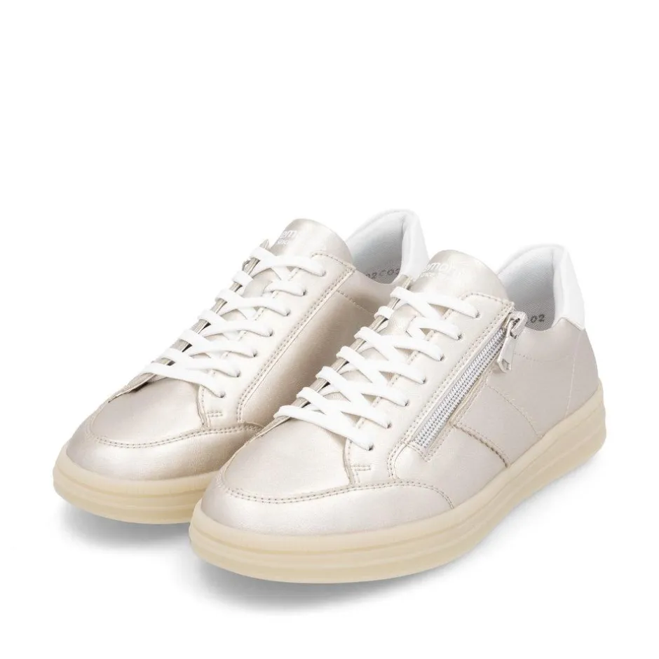Women Remonte Gum Sole Trainer With Side Zip - Gold Leather