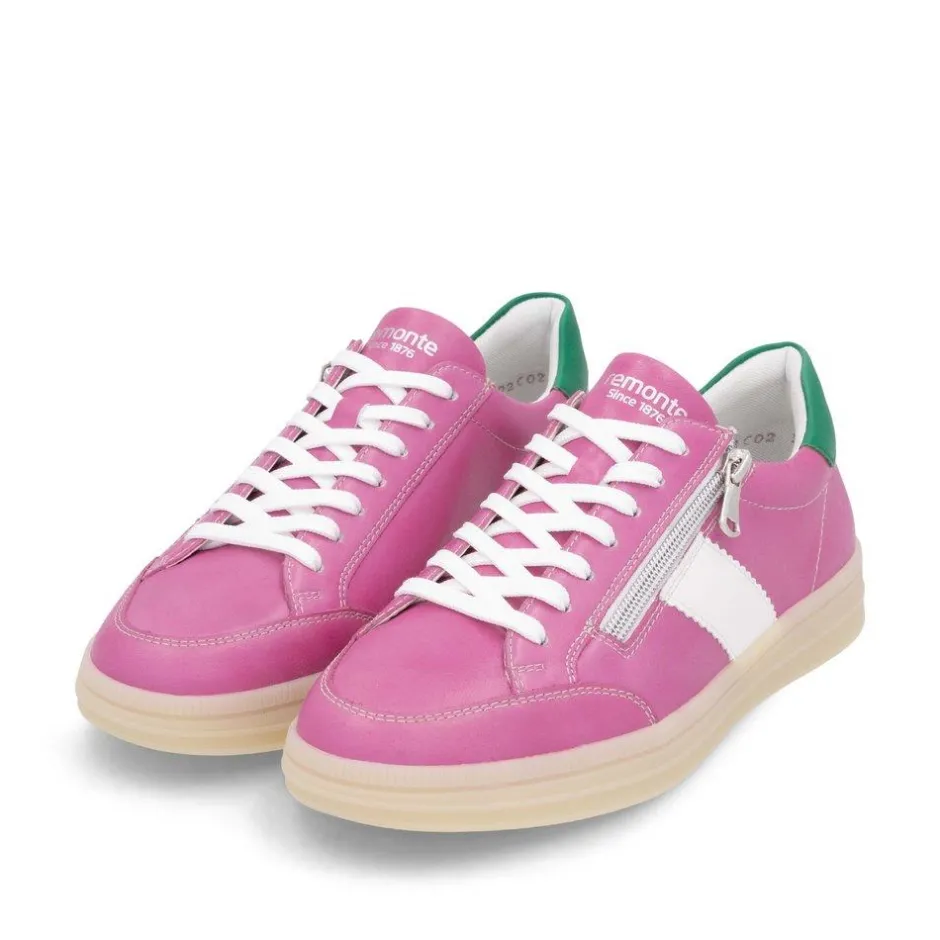 Women Remonte Gum Sole Trainer With Side Zip - Pink Combi Leather