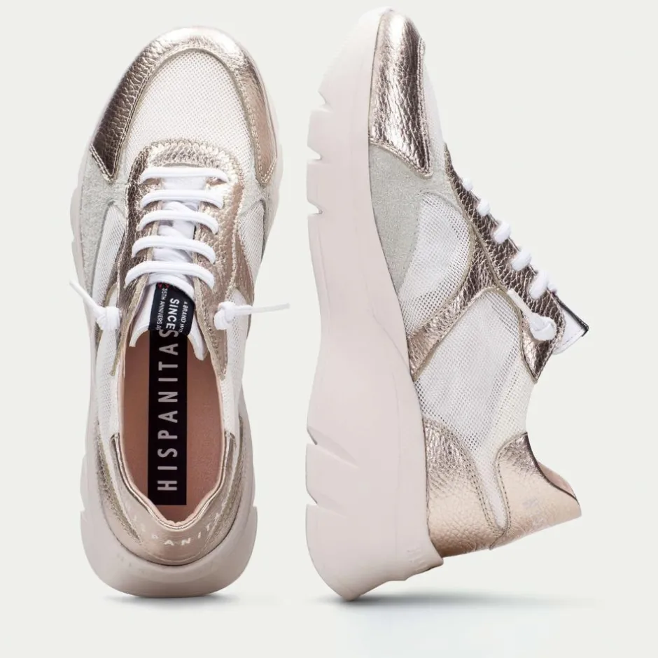 Women Hispanitas Habana Mesh Wedge Trainer - Metallic Leather
