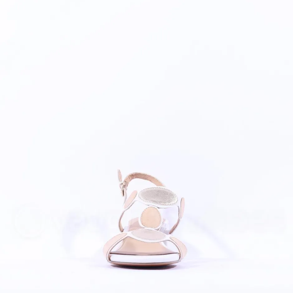Women Marco Tozzi Hencho Low Block Heel Sandal - White Gold Combi