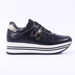 Women NeroGiardini Hi Platform Brooch Trainer - Black Gold Leather