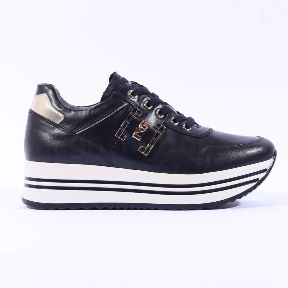 Women NeroGiardini Hi Platform Brooch Trainer - Black Gold Leather
