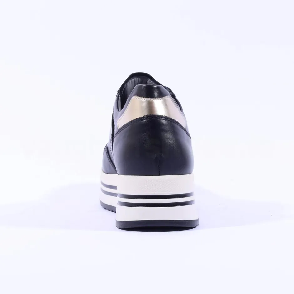 Women NeroGiardini Hi Platform Brooch Trainer - Black Gold Leather