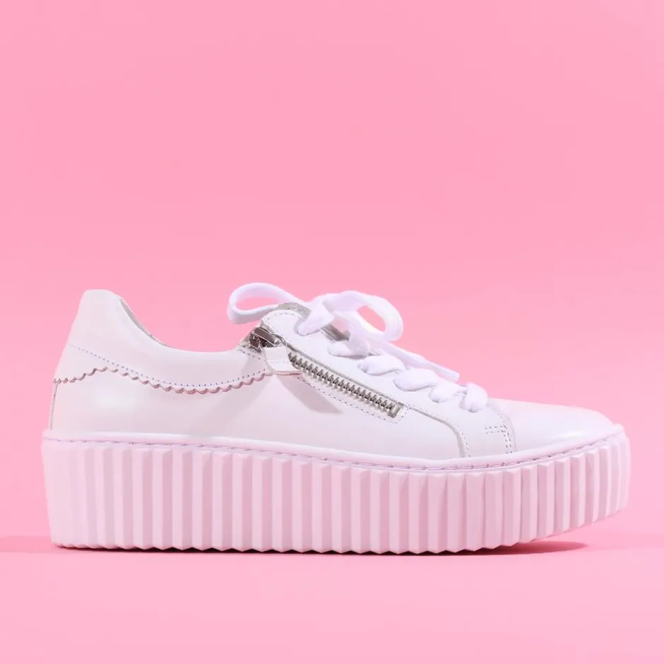 Women Gabor High Platform Zip Trainer Dolly - White Leather